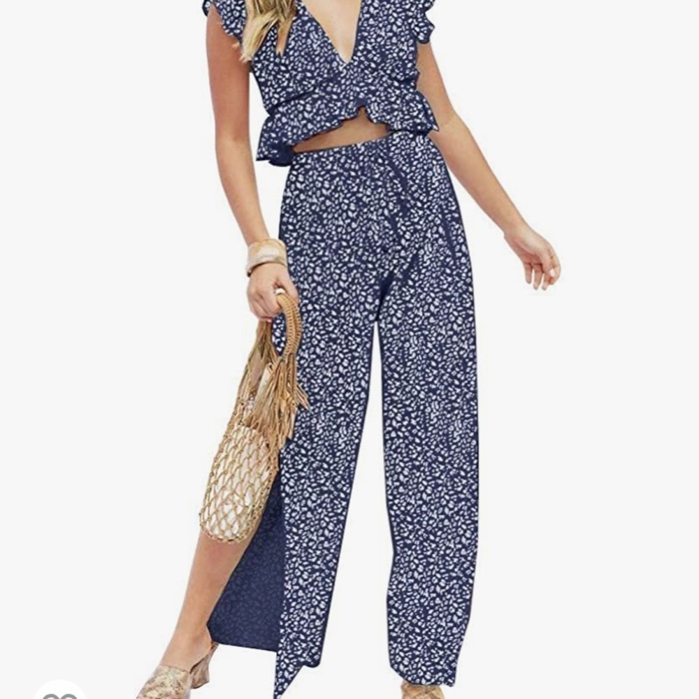 Fancyinn Navy Blue Printed Wide Leg Pants